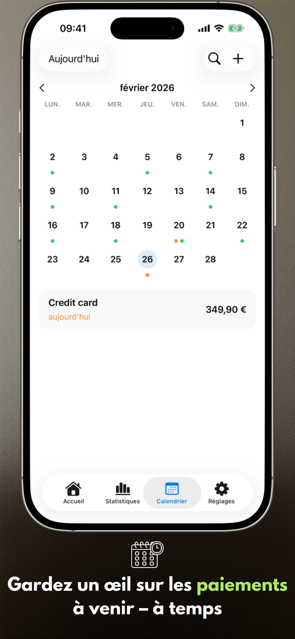 Payment Calendar - vue calendrier