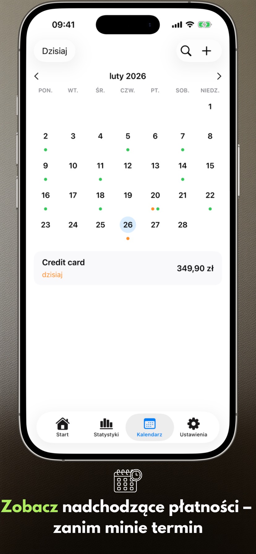 Payment Calendar na iPhonie — widok miesiąca z nadchodzącymi płatnościami