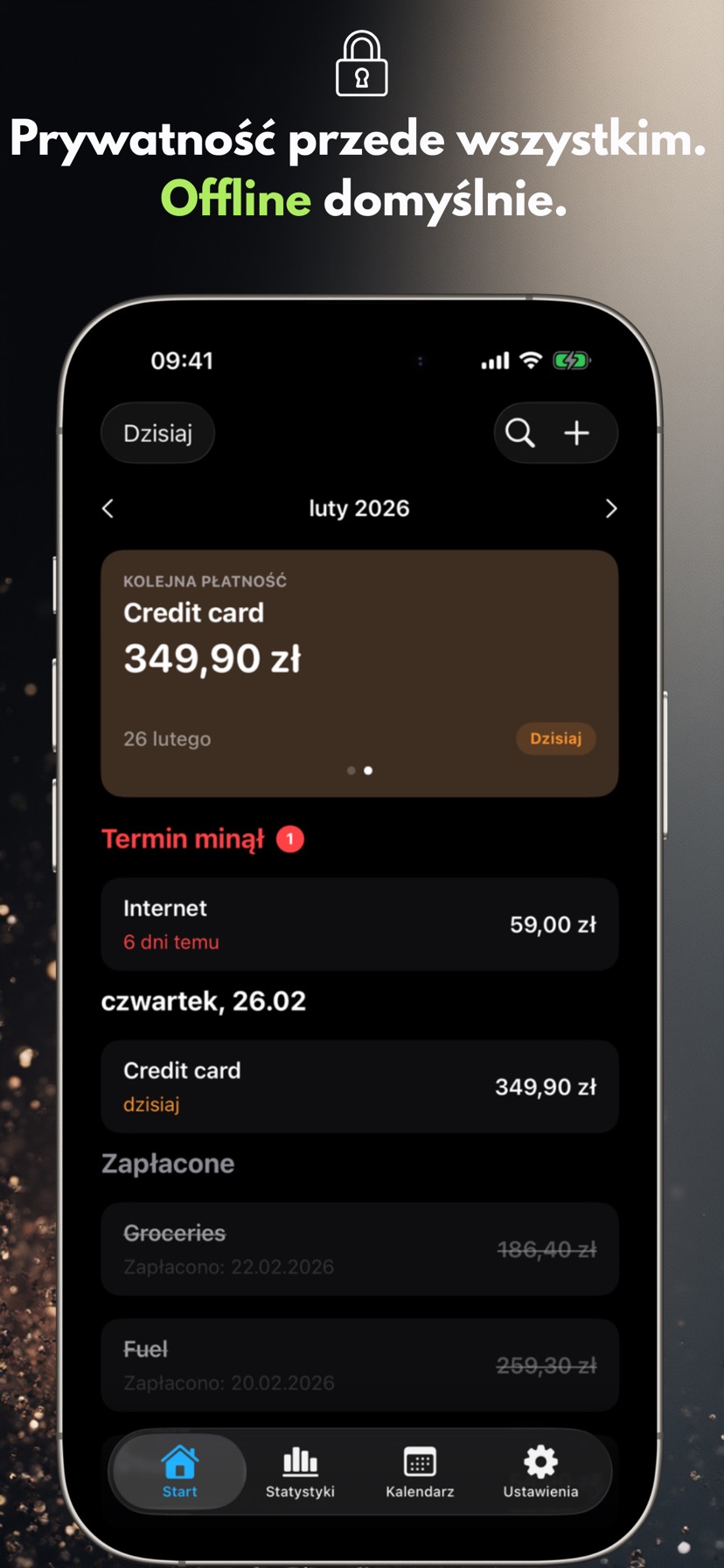 Payment Calendar na iPhonie — dane przechowywane lokalnie, działanie offline