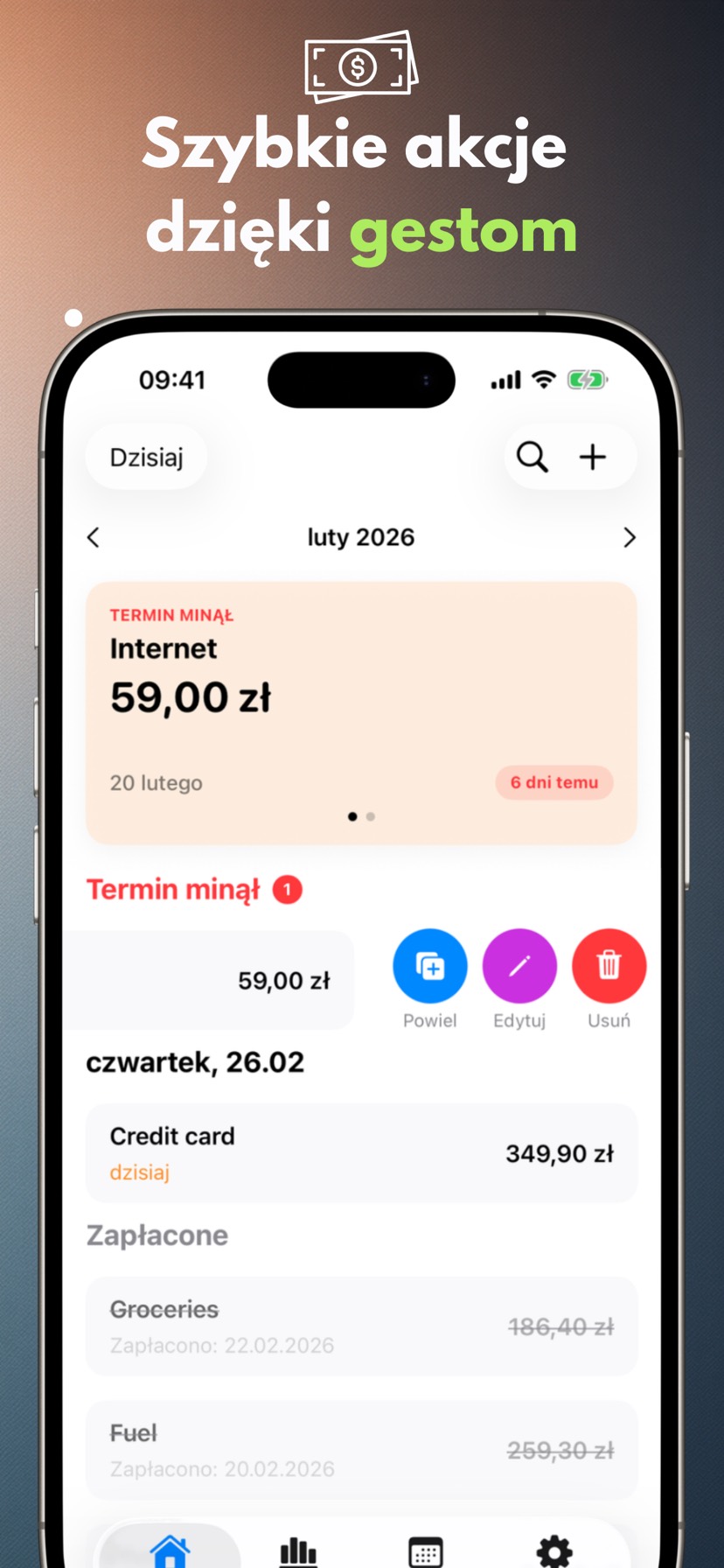Payment Calendar na iPhonie — gesty do oznaczania, edycji i duplikowania płatności