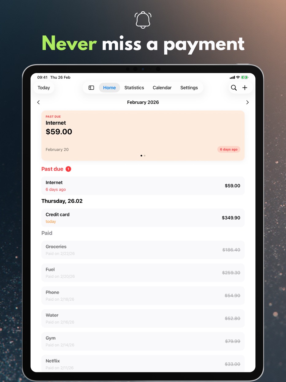 Never miss a payment — iPad
