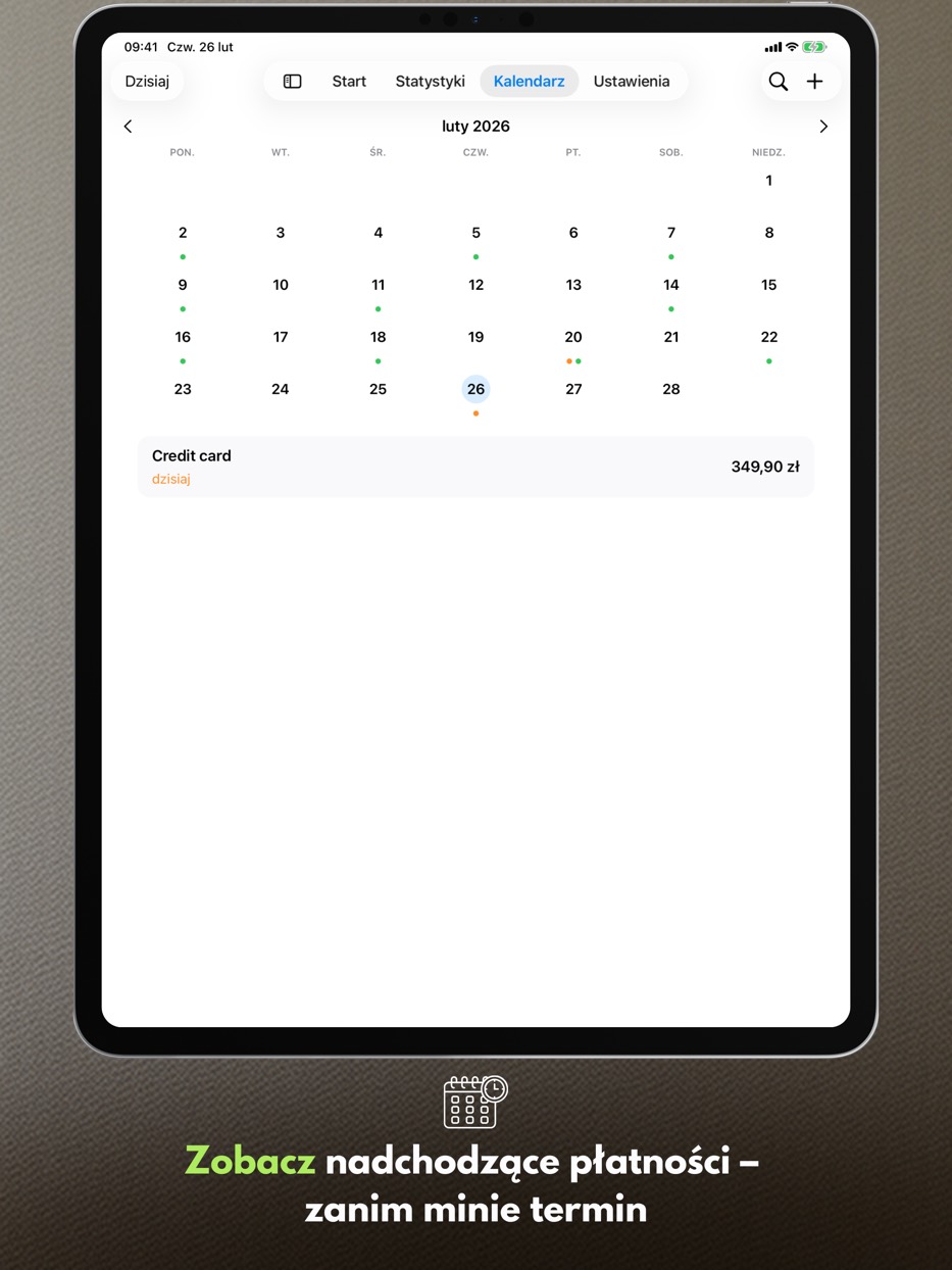 Payment Calendar na iPadzie — widok miesiąca z nadchodzącymi płatnościami