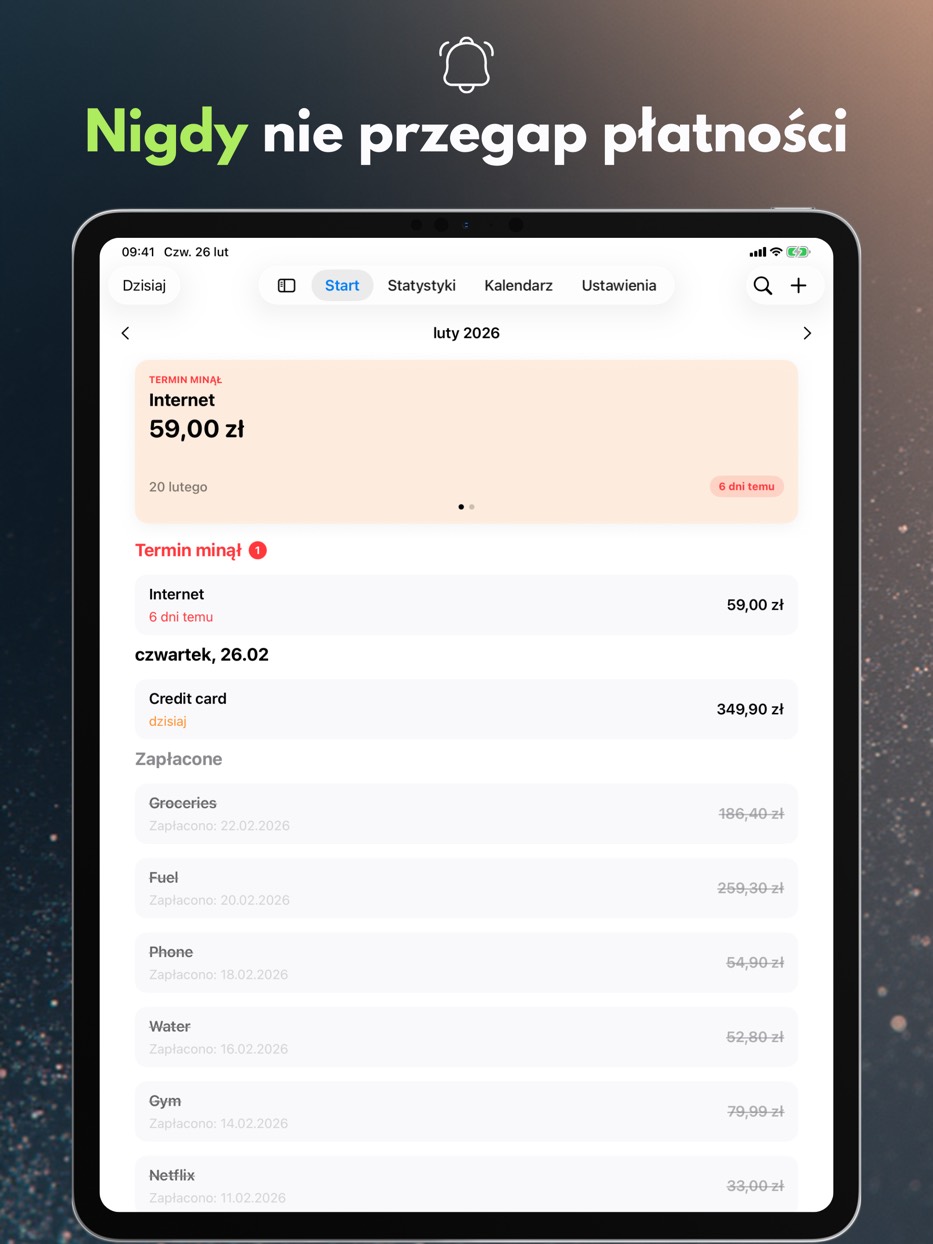 Payment Calendar na iPadzie — przypomnienie o zbliżającym się terminie płatności