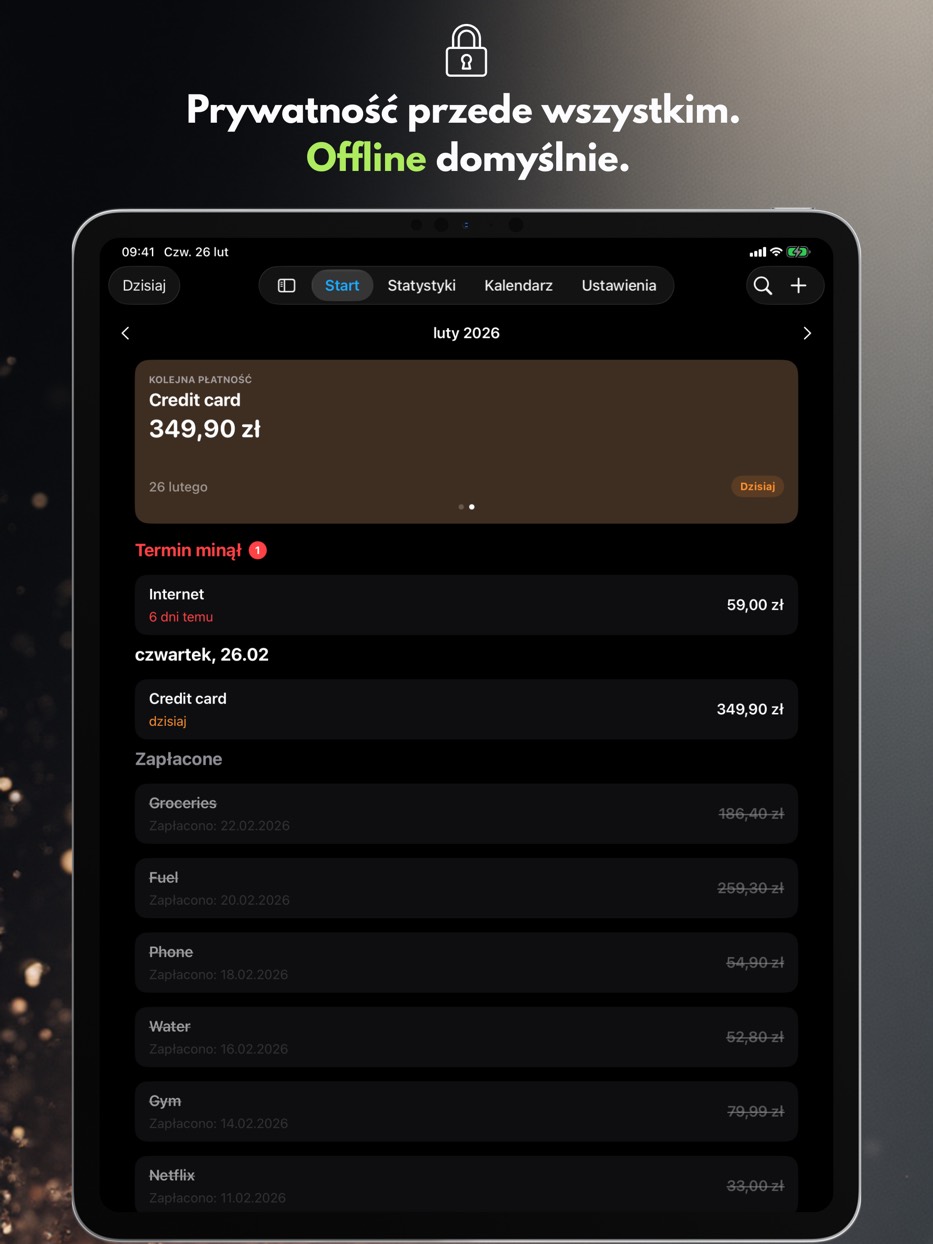 Payment Calendar na iPadzie — dane przechowywane lokalnie, działanie offline