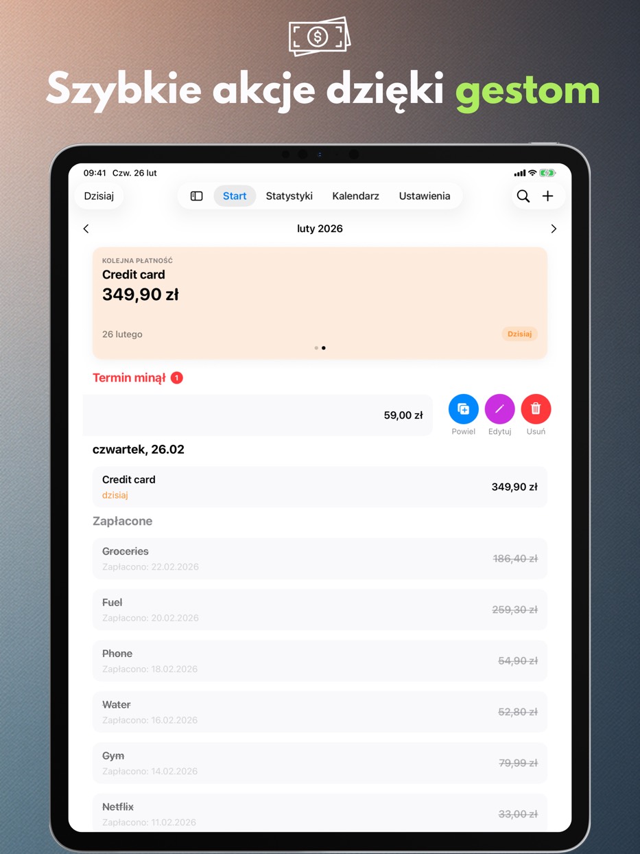 Payment Calendar na iPadzie — gesty do oznaczania, edycji i duplikowania płatności