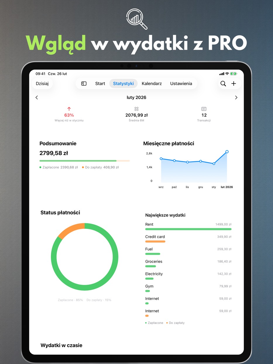 Payment Calendar na iPadzie — statystyki i trendy wydatków w wersji PRO