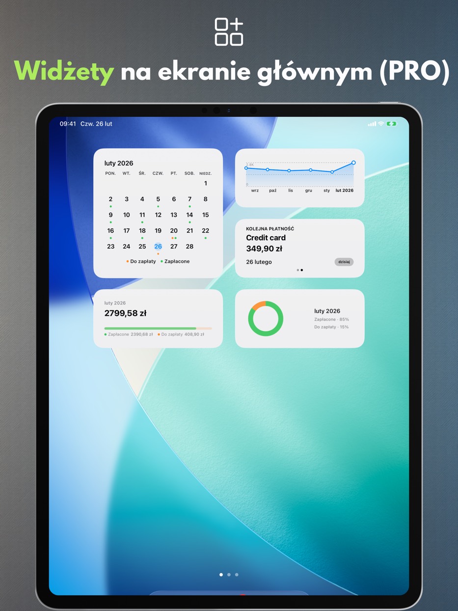 Payment Calendar na iPadzie — widżet z najbliższą płatnością na ekranie głównym (PRO)