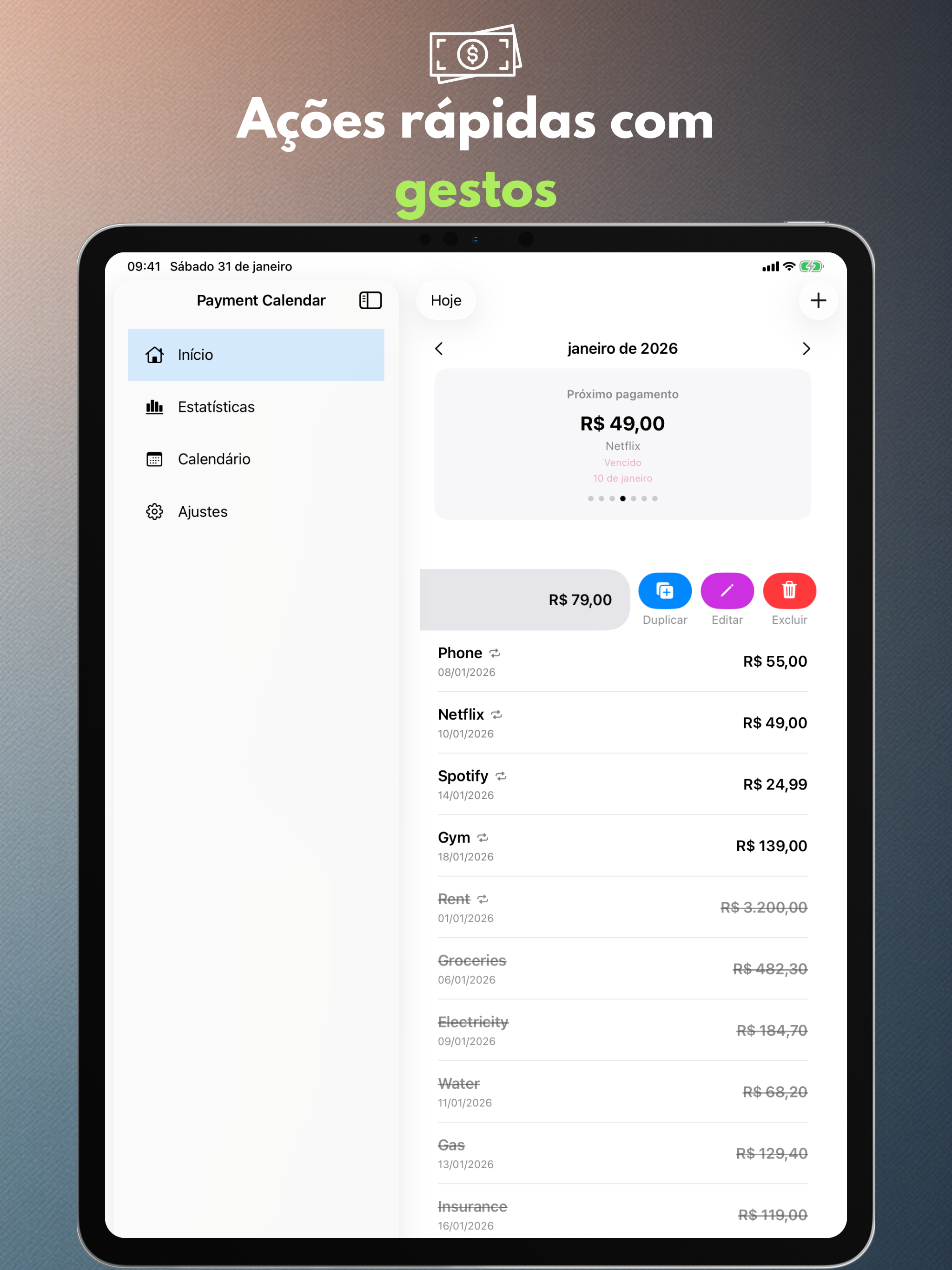 Quick actions with gestures